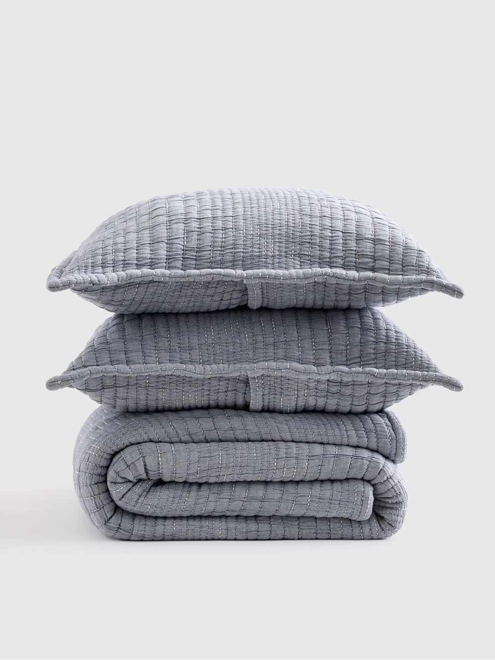 New Quince Organic Cotton Channel Stitch Coverlet Set King/Calking $174 Blue